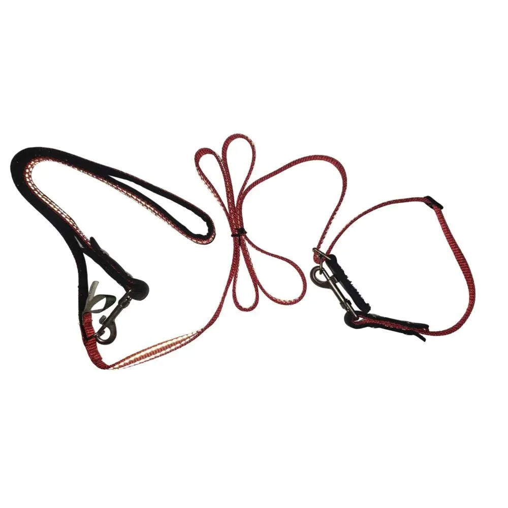 Sporn Red 6 Foot Dog Leash with Red and Navy Blue Quilted Dog Jacket Size Small